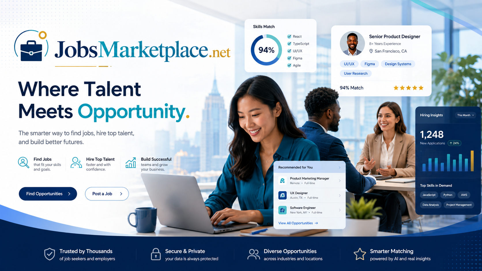 JobsMarketplace.net hero showing job matching, talent cards, and hiring insights